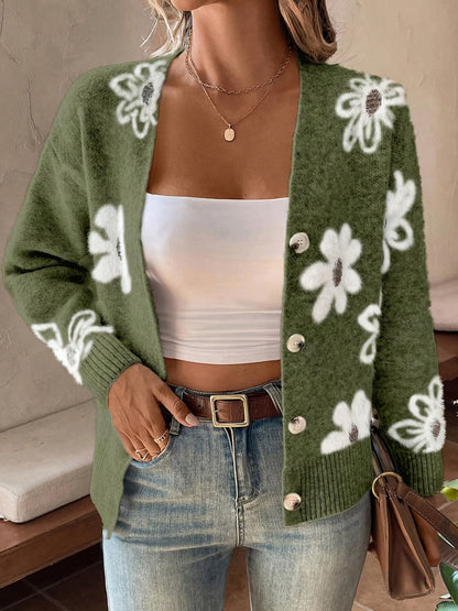 Women's Printed Button Cardigan V-neck Drooping Shoulder Coat
