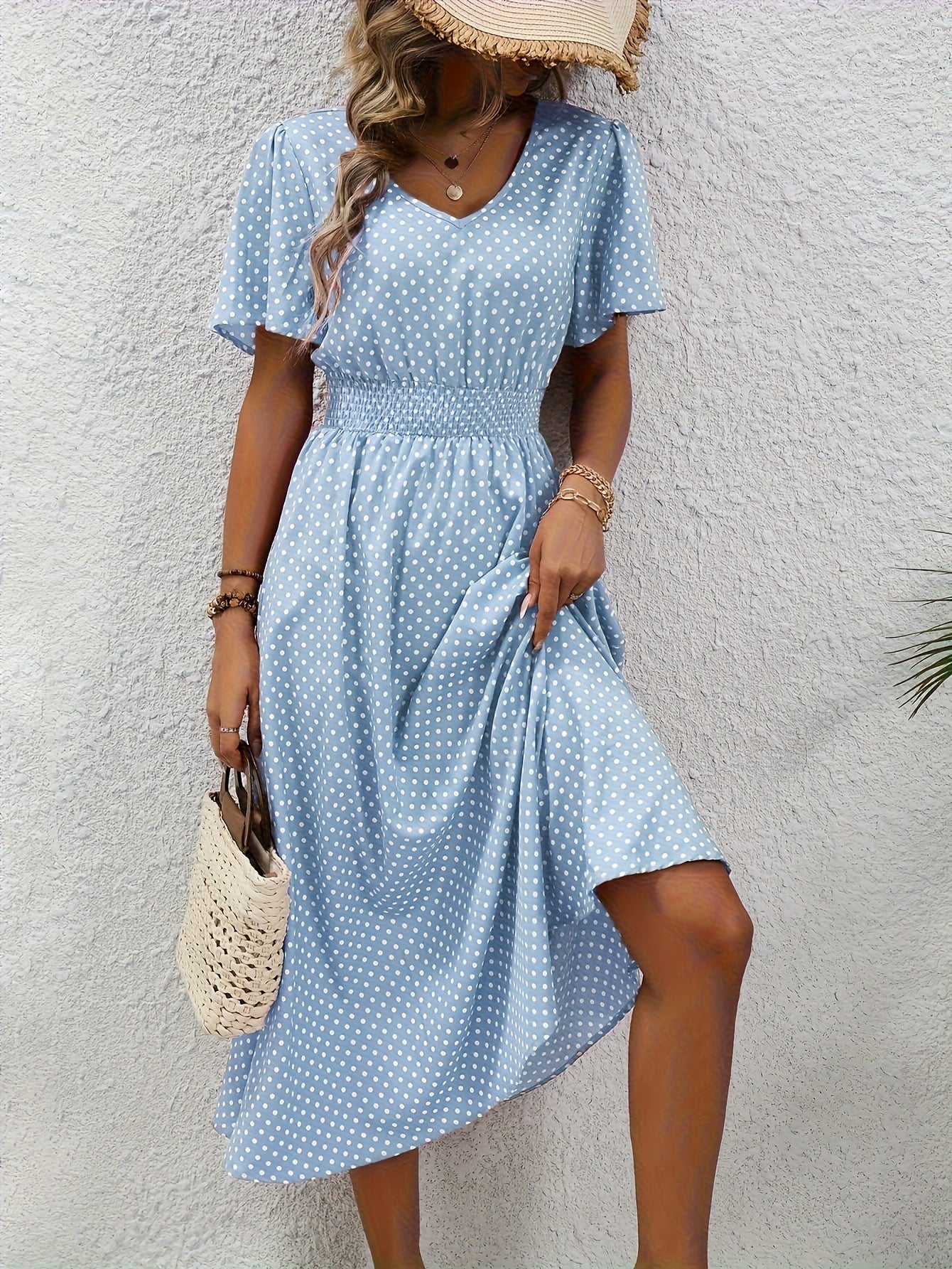 Women'S Long Dress in Pink with Polka Dots - Casual V-Neck, Ruffled Sleeves, Waist-Enhancing Style, Made of Lightweight, Ideal for Spring/Summer, Machine Washable