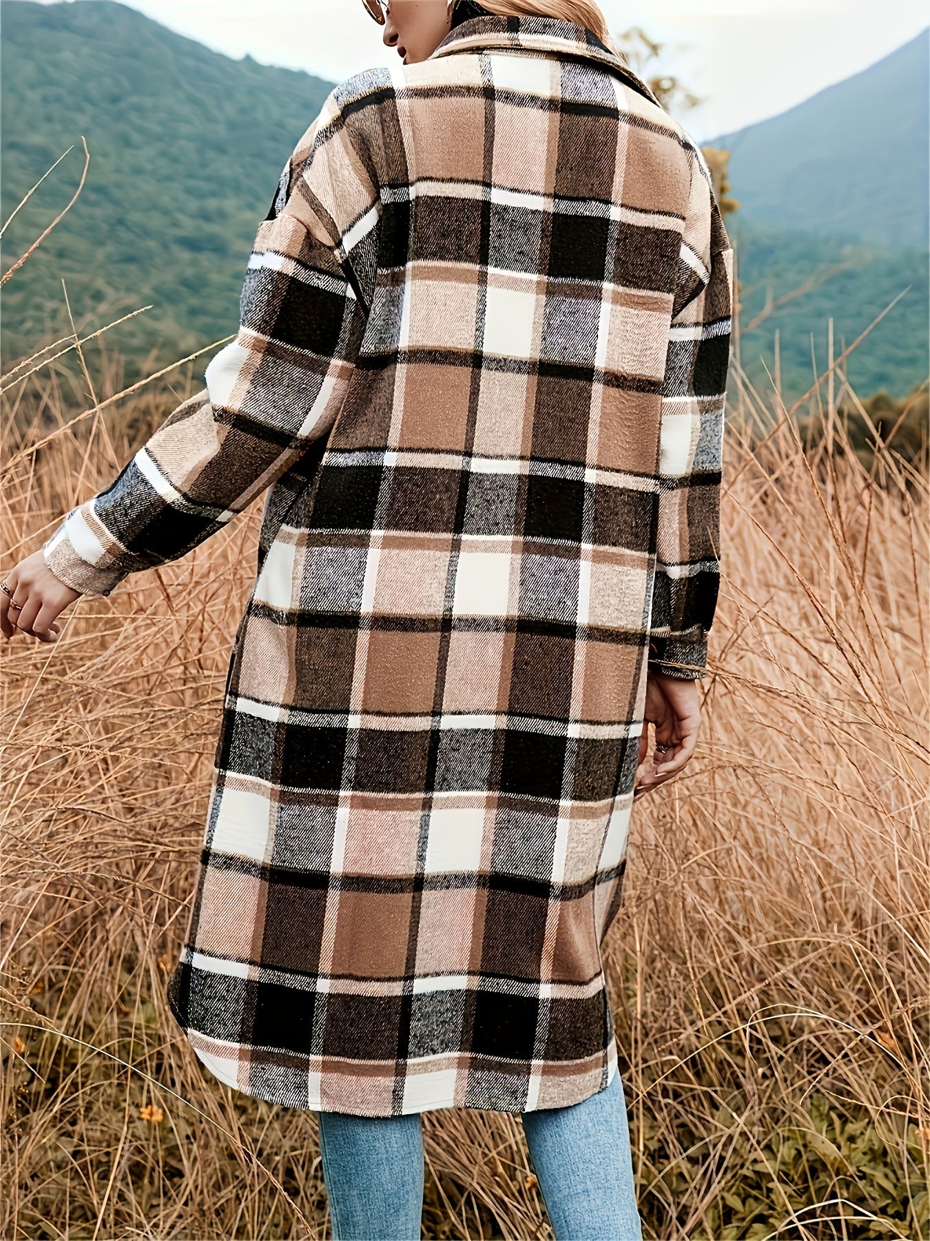 Autumn And Winter Long Trench Coat with Side Slits, Notch Collar, Casual And Comfortable, Tailored Fit, Women's Plaid Coat.