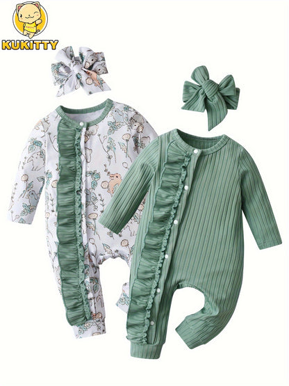 KuKitty Newborn Baby Girl Romper Long Sleeve Solid Color Rabbit Print Jumpsuit Infant Girls 2 Pack Outfit