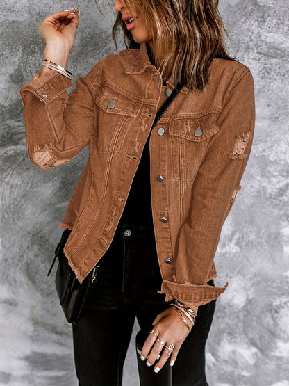 Women's Ripped Washed Button-Up Boyfriend Denim Jacket Coat with Pockets, Casual Classic Distressed Denim Outerwear TZ001