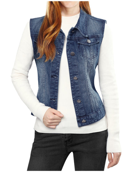 Women's Buttoned Washed Denim Vest Jacket W Chest Flap Pockets