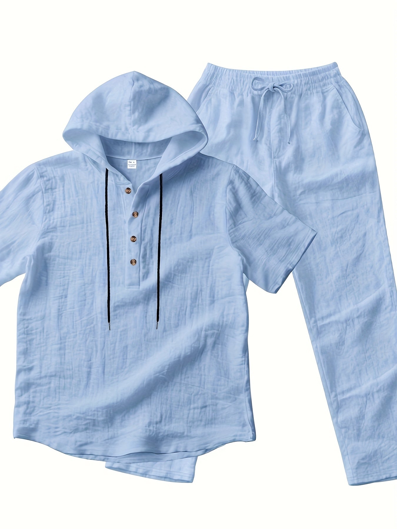Men'S Casual Linen Hooded 2pcs Set, Short Sleeve Drawstring Henley Shirt And Wide Leg Pants, Breathable Non-Stretch Fabric, Loose Fit for Vacation, Home And Outdoor, Multi-Color Options