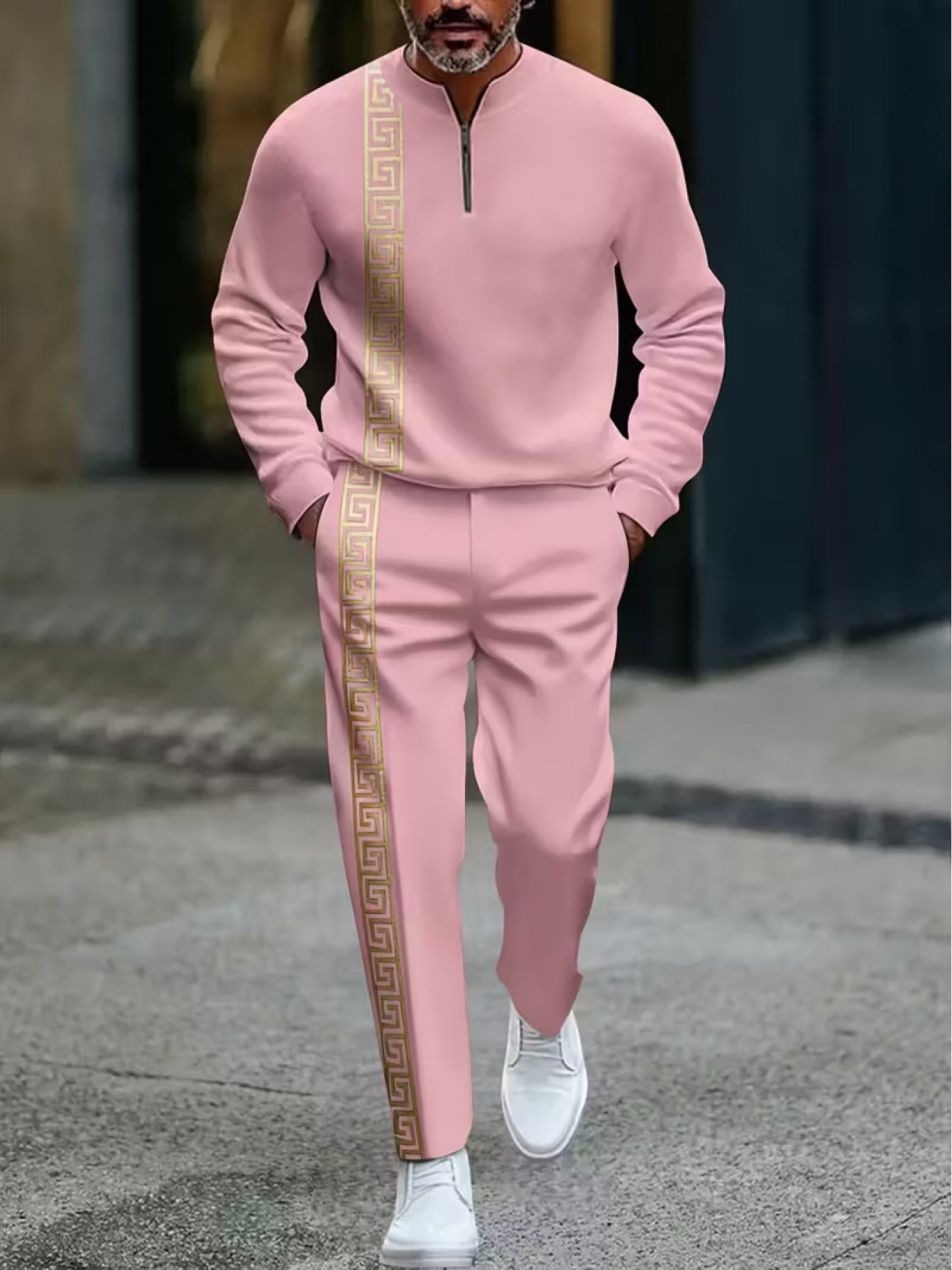 Men's Fashion Casual Zipper Stand Collar Long Sleeve Pants Set 2pcs Set, Simple Yellow and White Pattern Design, Drawstring Adjustable Elastic Waistband, Comfortable Vacation Gift Set