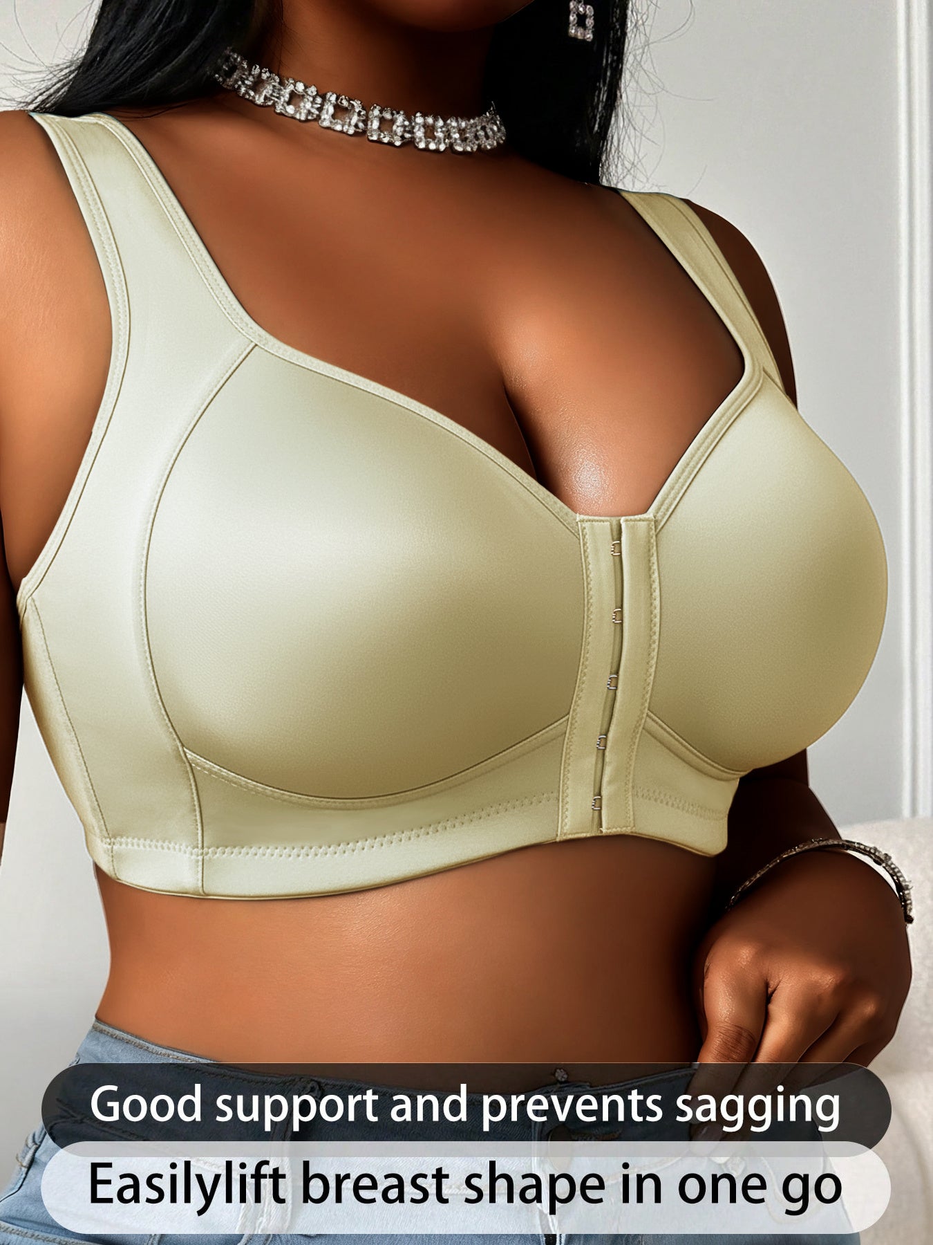 1pc Women'S Plus Size Bra Without Steel Rims, Satin Fabric, Smooth Fabric, Front Buckle Design With Strong Support, Suitable For Daily Wear And Formal Occasions - Full Cup Support, High Elasticity Material, High Support Enhancement