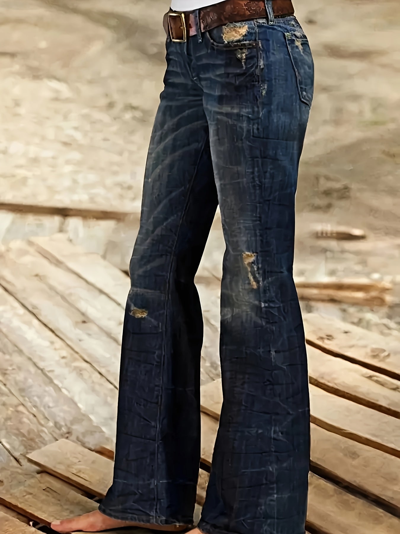 Retro-Inspired Denim Trousers in a Deep Blue Wash, Featuring a Slightly Flared Cut for Women. These Versatile Pants Are Perfect for Any Season, Made from Elastic Fabric for a Comfortable Fit That Enhances The Hips