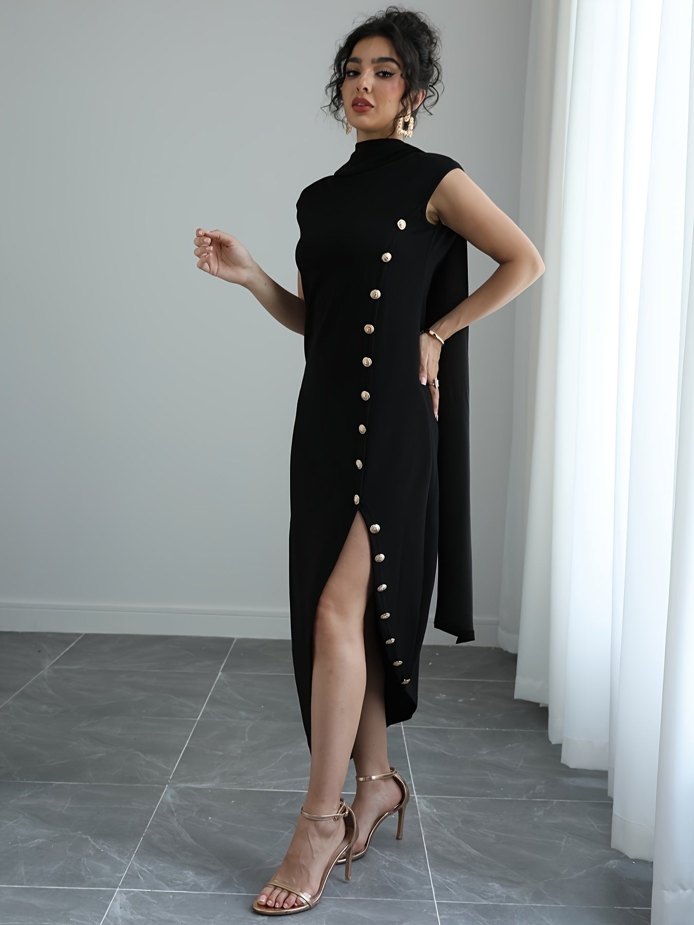 Women'S Elegant High Neck Sleeveless Maxi Dress with Shawl Collar & Split Hem - Solid Color A-Line Silhouette, Floor-Length to Mid-Calf Length Adjustable Maxi Dress for Spring Summer Fall, Casual to Formal Events, Wrinkle-Resistant Fabric (No Lining) - Ve