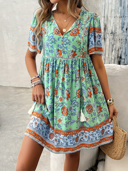 ZAFUL Summer Women's Dress, Women's Fashion New Elegant Romantic Bohemian Style Long Dress, Women's Fashion Deep V-neck Princess Sleeve Design, Fluffy High Waist Tassel Dress, Fashion Holiday Dress