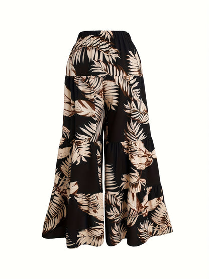 Women'S Summer Floral Print Wide-Leg Pants with Elastic Waist - High-Waisted, Flowy Design, White & Black Leaf Pattern, Perfect for Vacation or Casual Outings, Vacation Outfit | Floral Print Pants | Texture