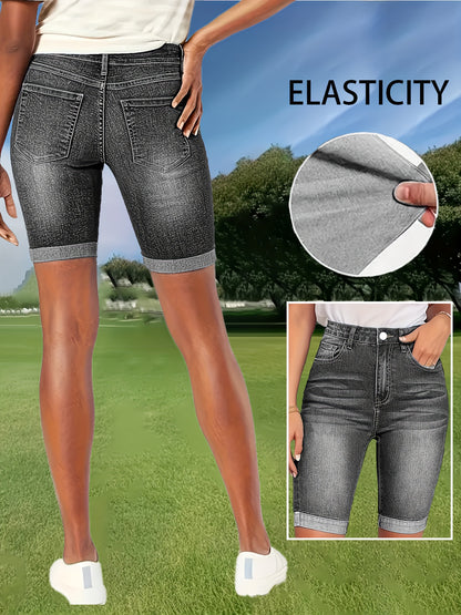 Women's Stretch Denim Shorts - High-Waisted Elastic Waist with Built-In Zipper, Dark Blue Casual Shorts for Spring/Summer, Machine Washable & Pockets, High Waisted Shorts