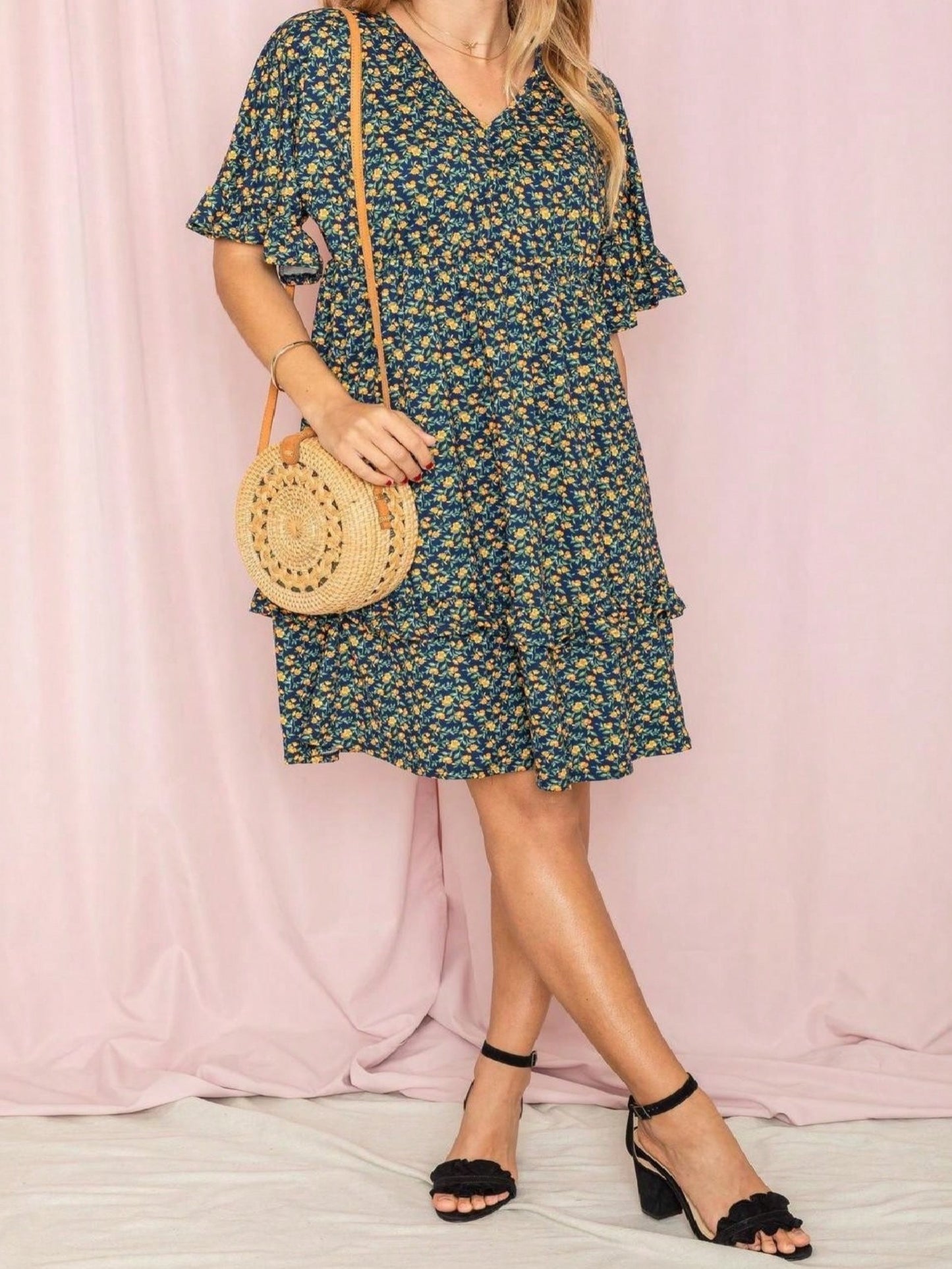 Vintage Boho Navy Pink Yellow White Charcoal Floral Ruffle flutter Trim Midi Dress S-3X