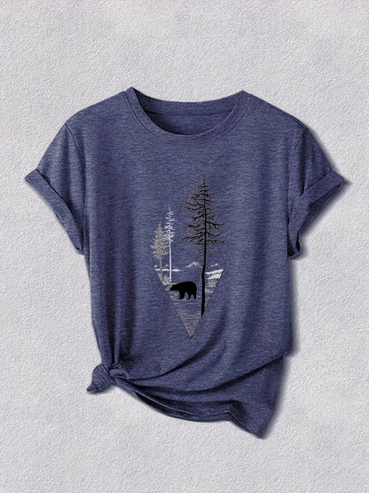 Women'S Outdoor Forest Print T-Shirt- Breathable Dopamine Blue Casual Style, Bear Silhouette and Pine Tree Pattern Design, Medium Elasticity Round Neck, Suitable for Daily Wear, Machine Washable