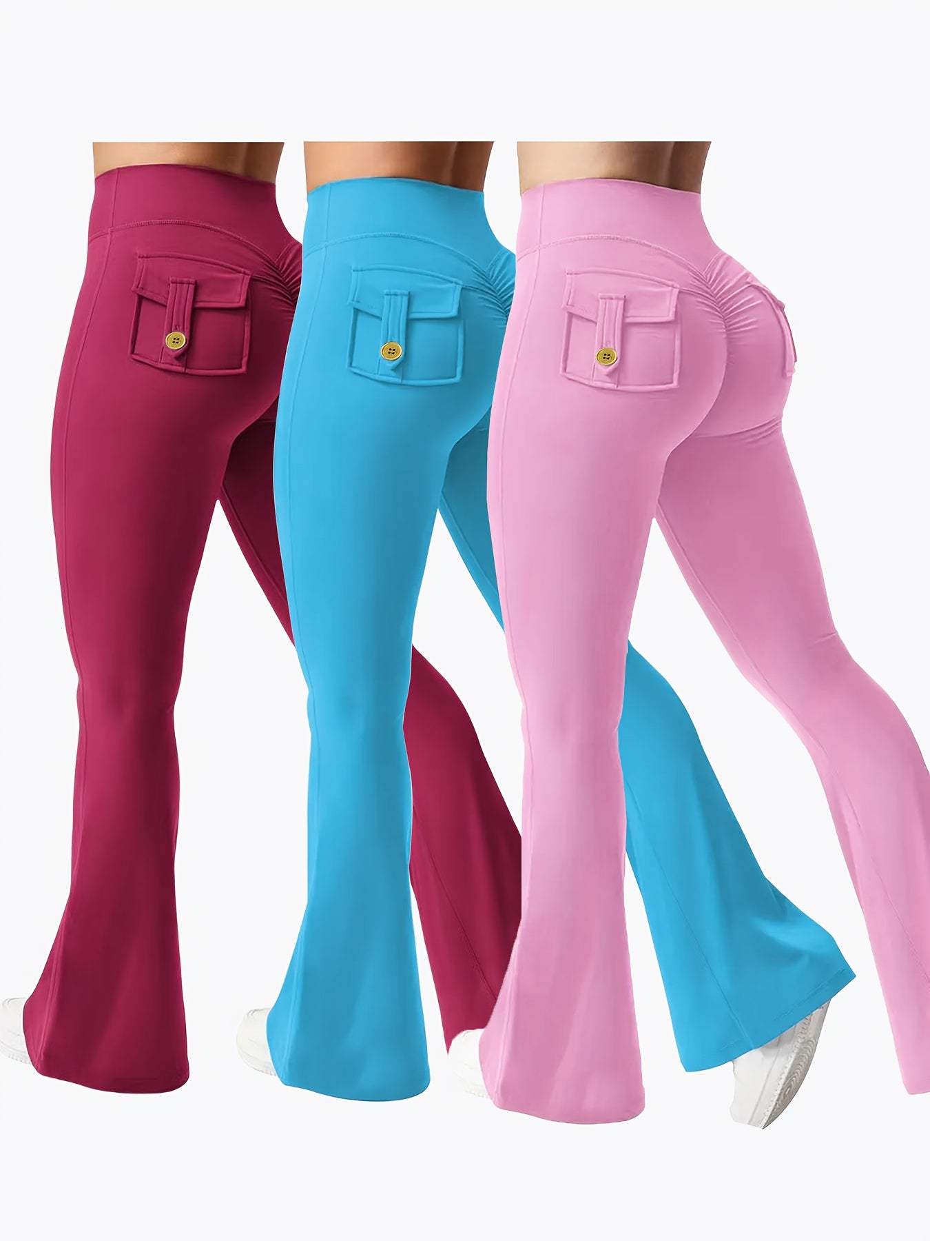 Women's Autumn Outfit 3pcs Set in Black, Gray, Green, and Black, Gray, Rose Red, Fashion Cargo Style Flared Pants, Women's Casual Flared Pants, High-Waisted Pocket Joggers, Cargo Style Peach Butt Pants, Quick-Dry Tummy Control Hip Lifting Long Flared