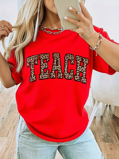 Women's Leopard Print Teacher T-Shirt- Comfortable Round Neck Short Sleeve with LEOPARD SPOT TEACH Design and Team Letters- 180g Heavyweight Casual Top Suitable for Educators,
