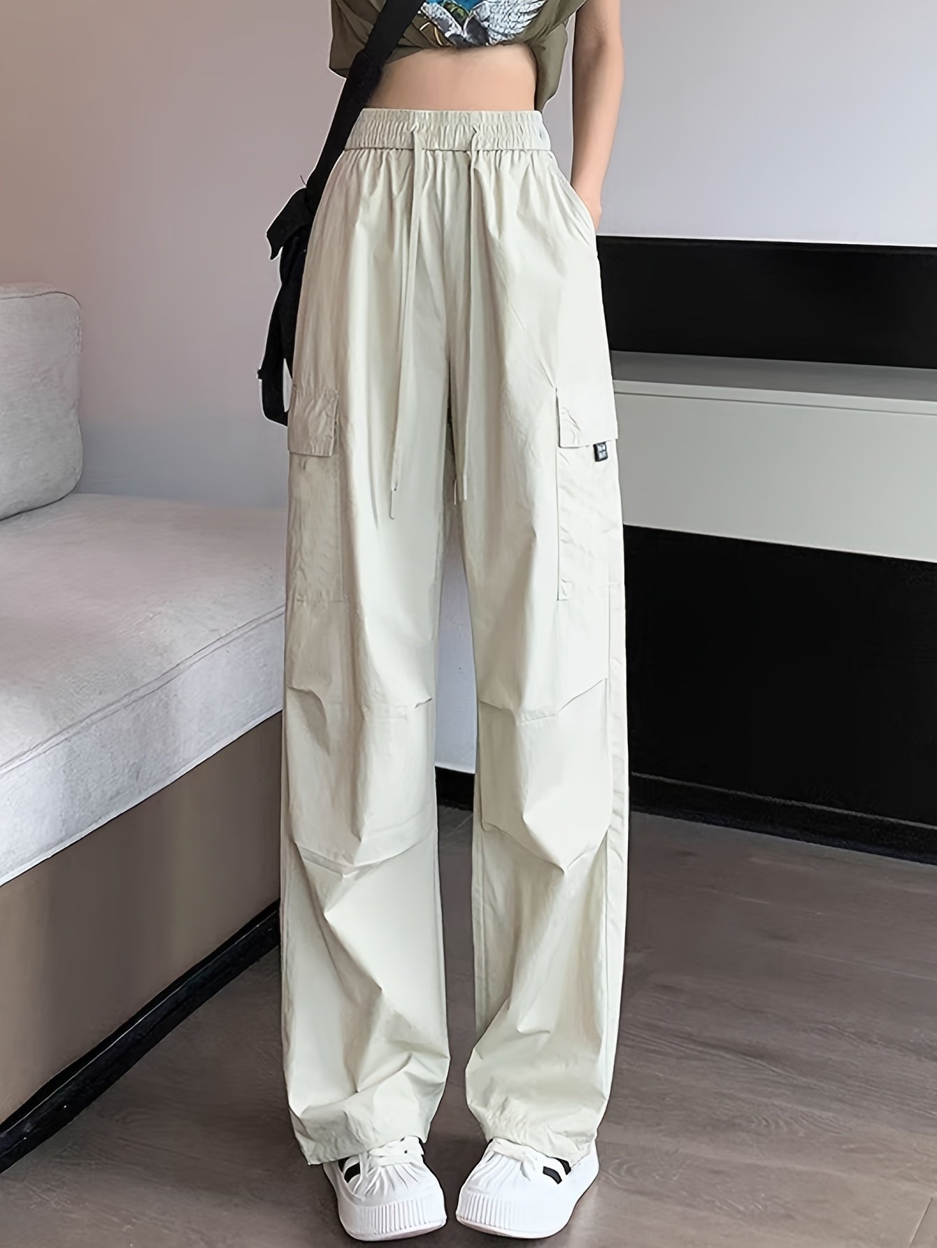 Women&Apos;S Olive Green Cargo Pants - Casual Flap Pockets, Wide-Leg Design, Machine Washable, Spring/Fall Versatile Trousers for Casual Attire, Spring Fall Attire | Relaxed Fit Pants | Nonelastic Fabric