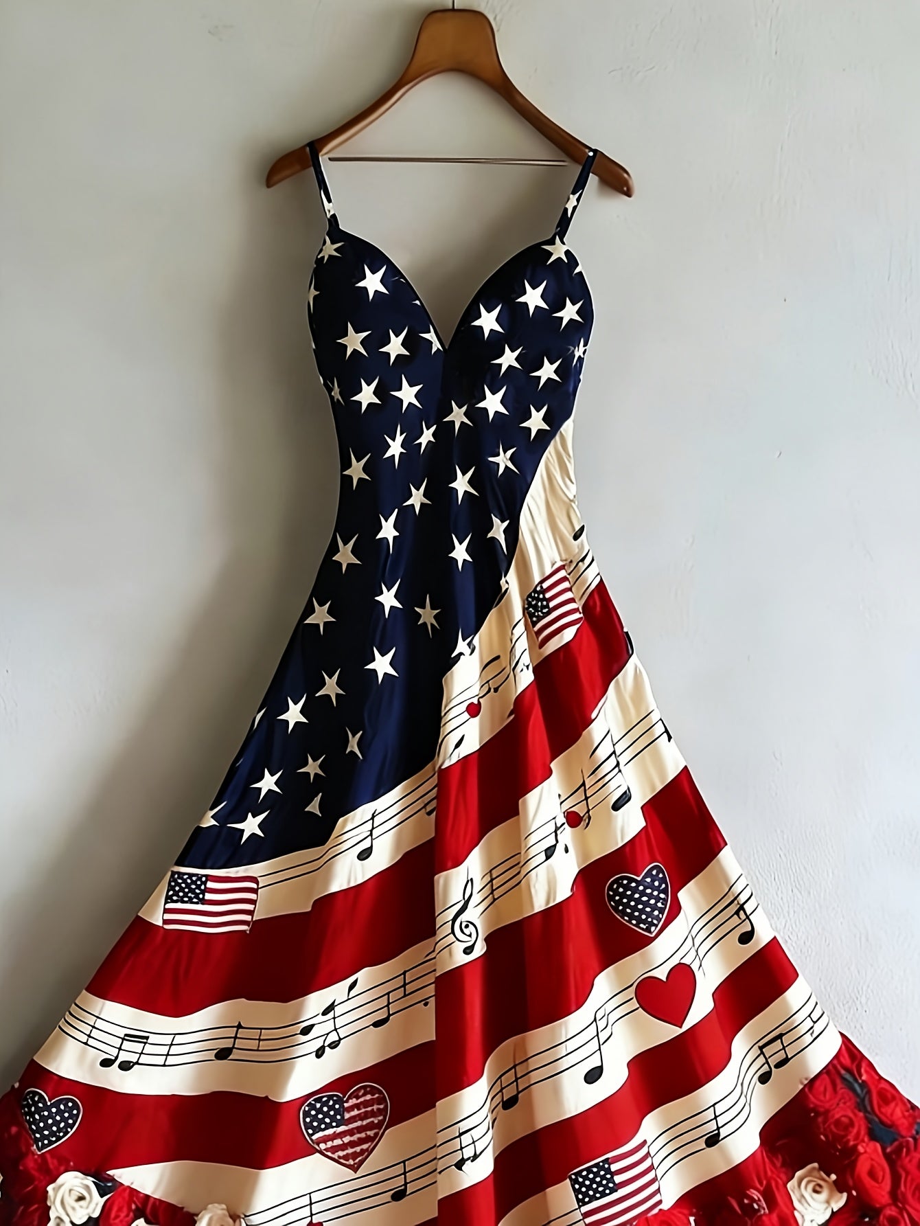 Women's Patriotic Maxi Dress - A-Line Silhouette, Suitable for Vacation, Leisure & Beach Outings, Loose Fit, National Flag Pattern, Sleeveless, V-Neck, Red National Flag Design with Built-In Cups