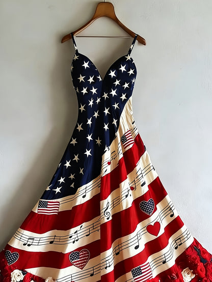 Women's Patriotic Maxi Dress - A-Line Silhouette, Suitable for Vacation, Leisure & Beach Outings, Loose Fit, National Flag Pattern, Sleeveless, V-Neck, Red National Flag Design with Built-In Cups