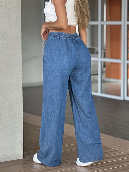 [High-Waisted Comfortable Jeans] Women's Solid Color High-Waisted Straight Jeans, Drawstring Elastic Waistband Design, Loose Fit Version, All-Season Casual Trousers, Lightweight Comfortable Wide Leg Pants Suitable for Everyday Wear