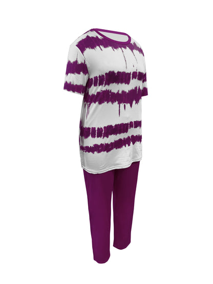 Plus Size, Ladies Plus Size Daily Fashion And Leisure Suit, Horizontal Wavy Striped Printed T-shirt with Short Sleeves And Pocket Trousers, Ladies Elegant Suit.
