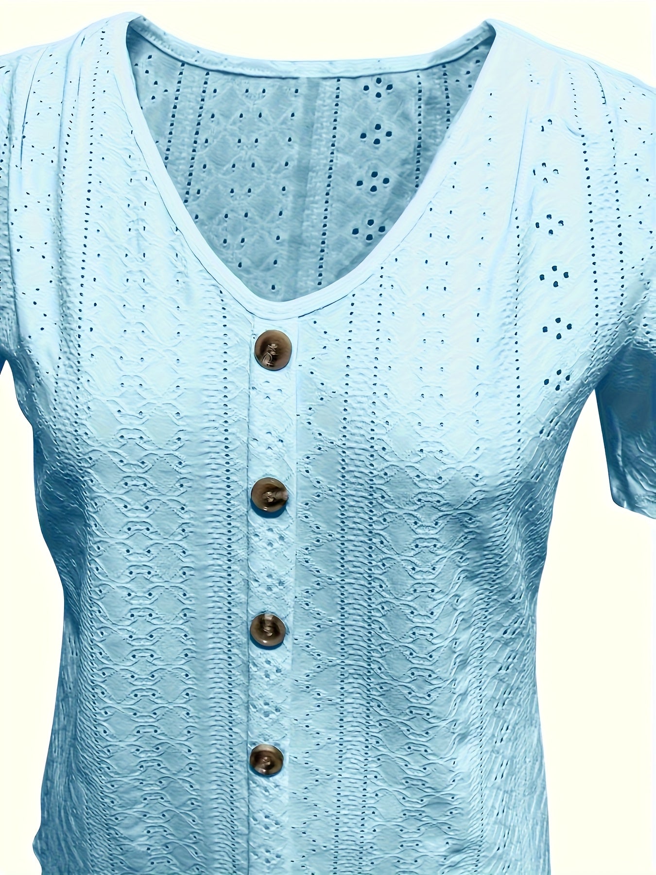 Short-Sleeved T-Shirt for Women with Button Embellishments, Featuring a Stylish Solid Color V-Neck, Made from Breathable with High Elasticity, And a Semi-Transparent Jacquard Design, Perfect for Spring And Summer