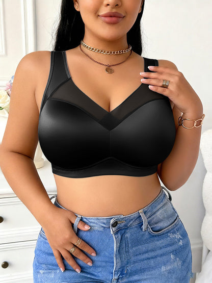 Women's Wire-Free Plus-Size Bra - Mesh Design, Sheer Satin Seamless Underwear, Comfortable Breathable Soft Support, Non-Adjustable Straps, Non-Removable Padding, Nylon Spandex Blend Smooth Bra, Suitable for Daily Wear