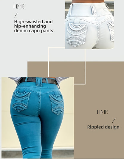 HME-White/Turquoise Midriff-Waisted Denim Pants - Tight-fitting Denim Pants Featuring A Multi-button Midriff Design And Decorative Stitching Pockets. Can Be Paired with High Heels for Dates Or Outings.