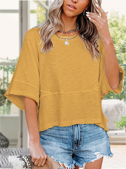 Women'S Summer Casual Crewneck Batwing Half Sleeve T-Shirts Solid Color Loose Fit Cute Basic Flowy Tops Tees Blouses