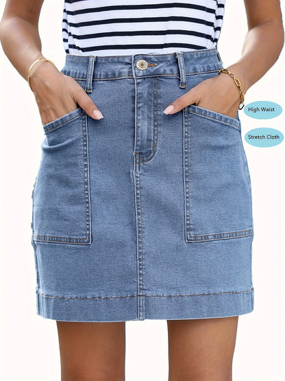 Women'S High-Waist Stretch Denim Mini Skirt - Versatile, Mid-Length Skirt with Large Pockets, Casual Elegant Style, Perfect for Summer, Jeans Skir