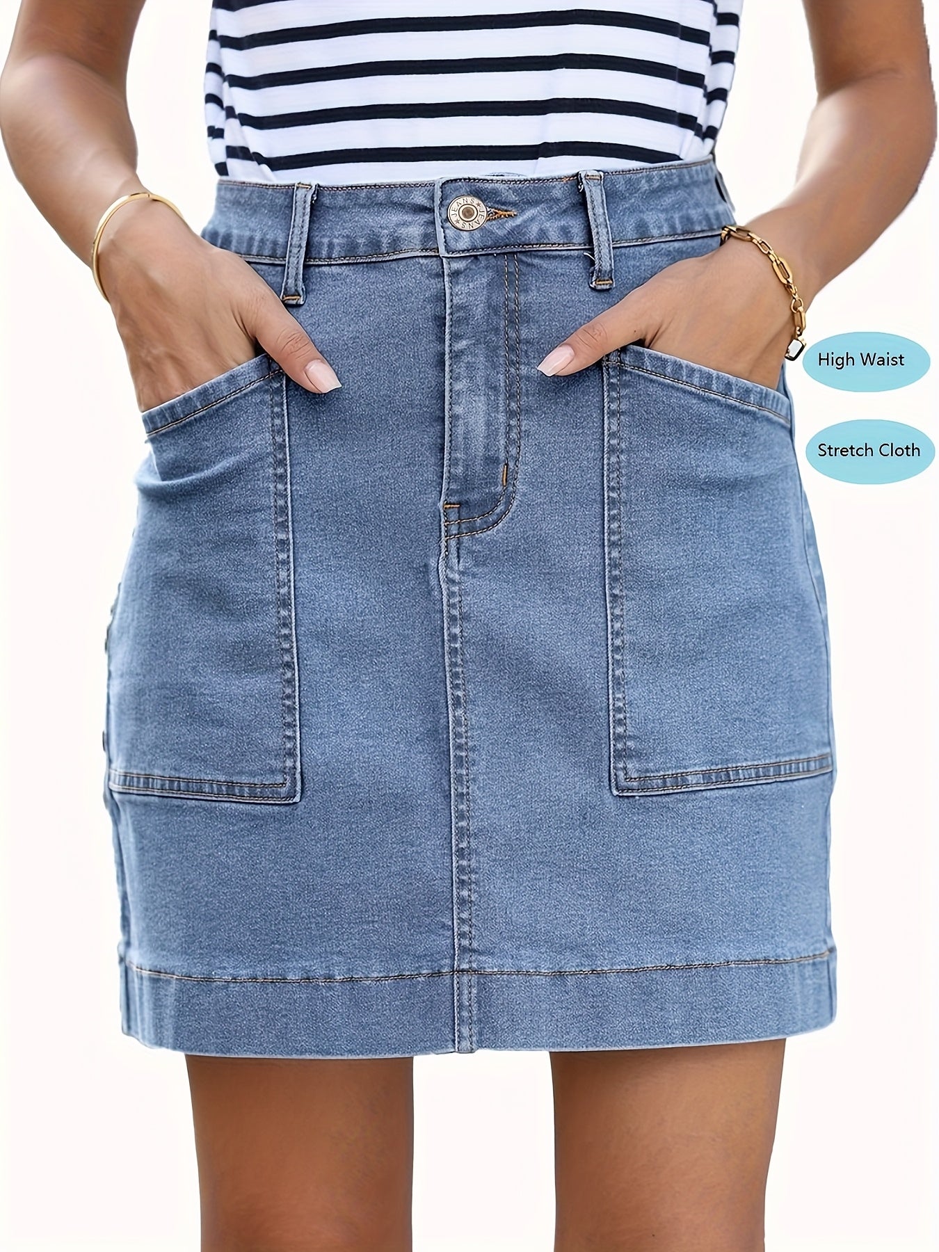 Women'S High-Waist Stretch Denim Mini Skirt - Versatile, Mid-Length Skirt with Large Pockets, Casual Elegant Style, Perfect for Summer, Jeans Skir