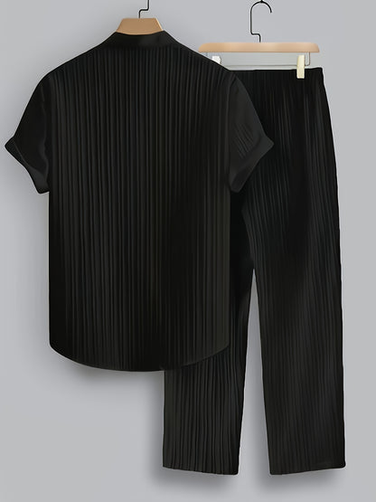 Men's 2pcs Striped Shirt and Trousers Set, Regular Fit, Casual and Comfortable, Striped Short-sleeve Shirt, Button- Lapel Shirt, Suitable for Daily Wear and Beach Vacations