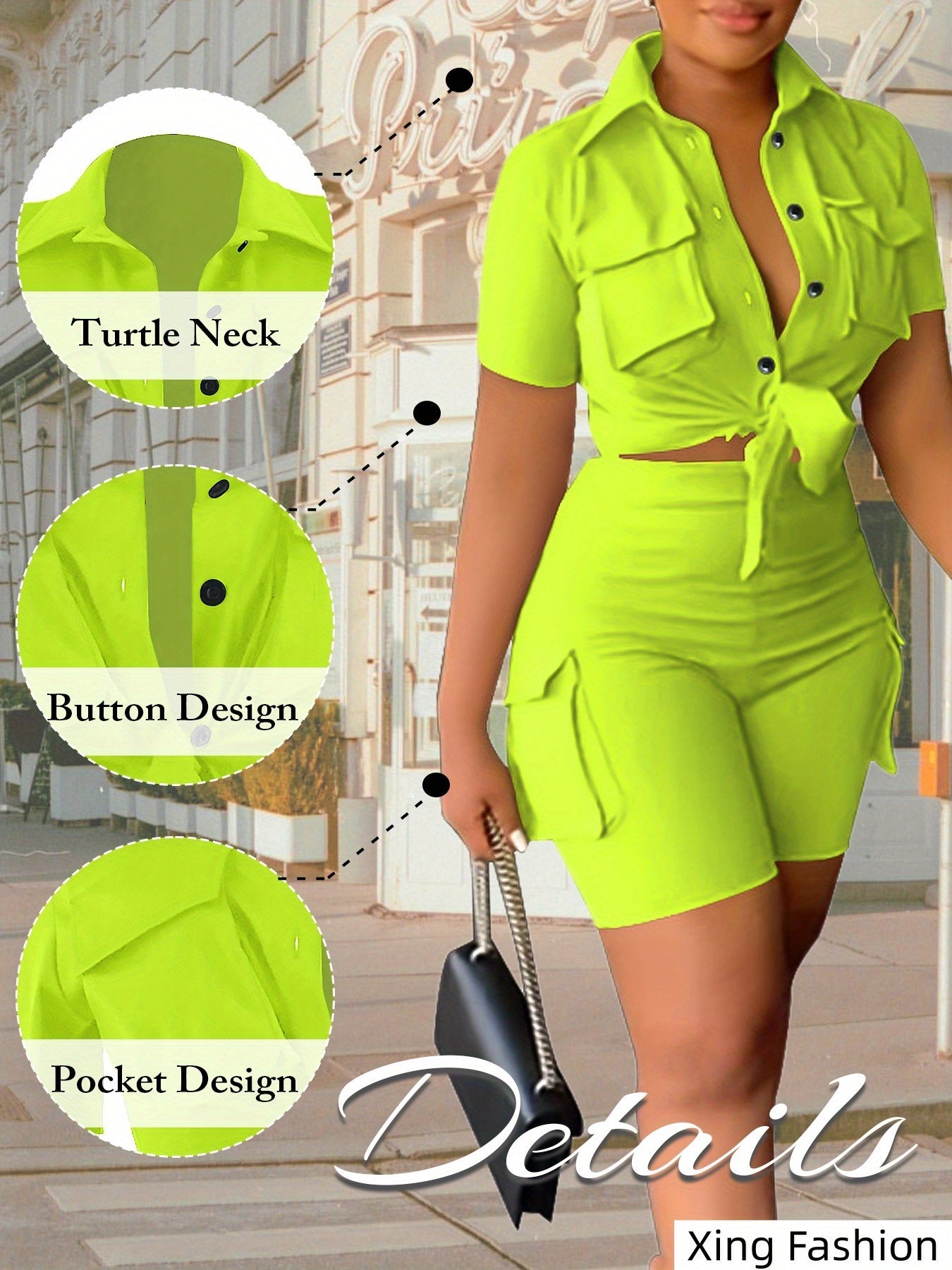 Women 2pcs Outfits Summer Casual Short Sleeve Button Top Biker Shorts with Pockets Solid Color Streetwear Set