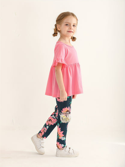 KuKitty Toddler Baby Girl Clothes Solid Color Flared Sleeve Ruffle Tops Sunflower Print Pants Outfits Set, Perfect for Outdoor