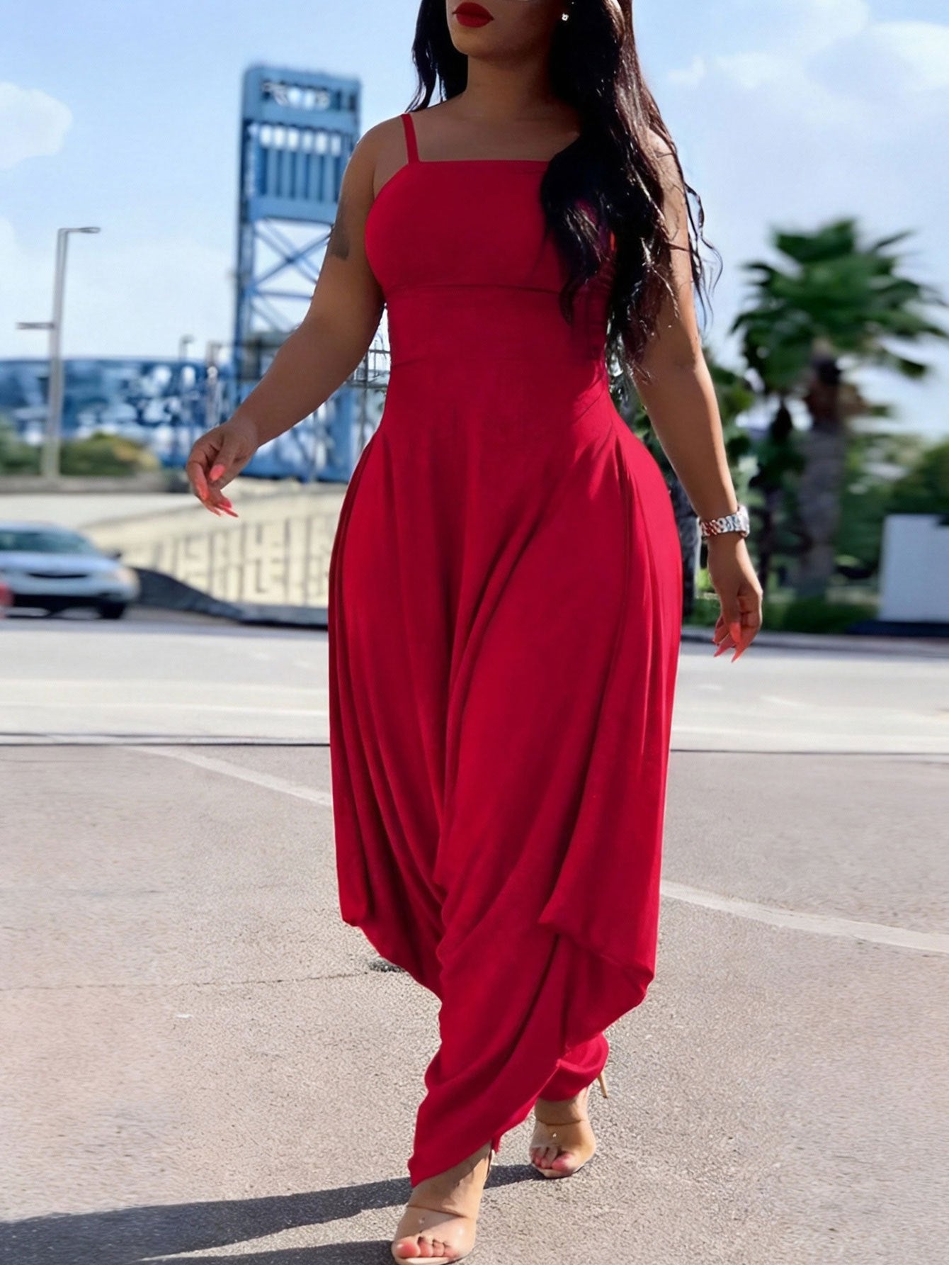 Women's Red Spaghetti Strap Jumpsuit - Square Neck & High Waist & Draped Harem Leg & Flowy Silhouette Detail | Bold Glamorous Fit for Date Nights & Summer Evening Events (Slim Bodice & Dramatic Draped Design) for Effortlessly Stunning Stylish Looks