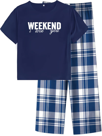 Set of 6 Plus Size Women'S Sleepwear Featuring a New Heart And Butterfly Design on a Short Sleeve Top Paired with Heart Checkered Pajama Pants