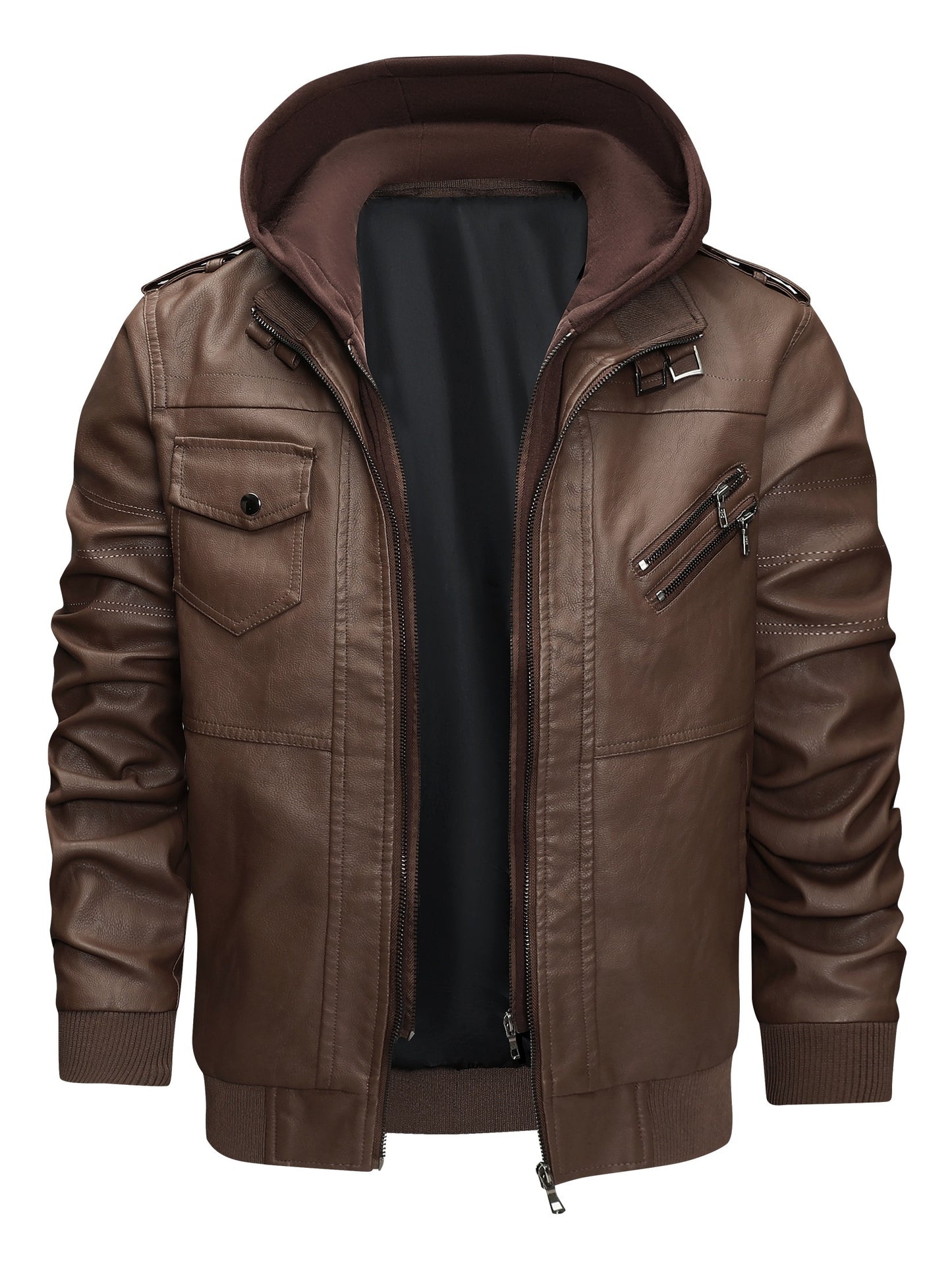 Men's PU Leather Jacket Motorcycle Jacket High Quality Windproof (Belt Included) PU Moto Vintage Bomber Hoodie with Removable Hood