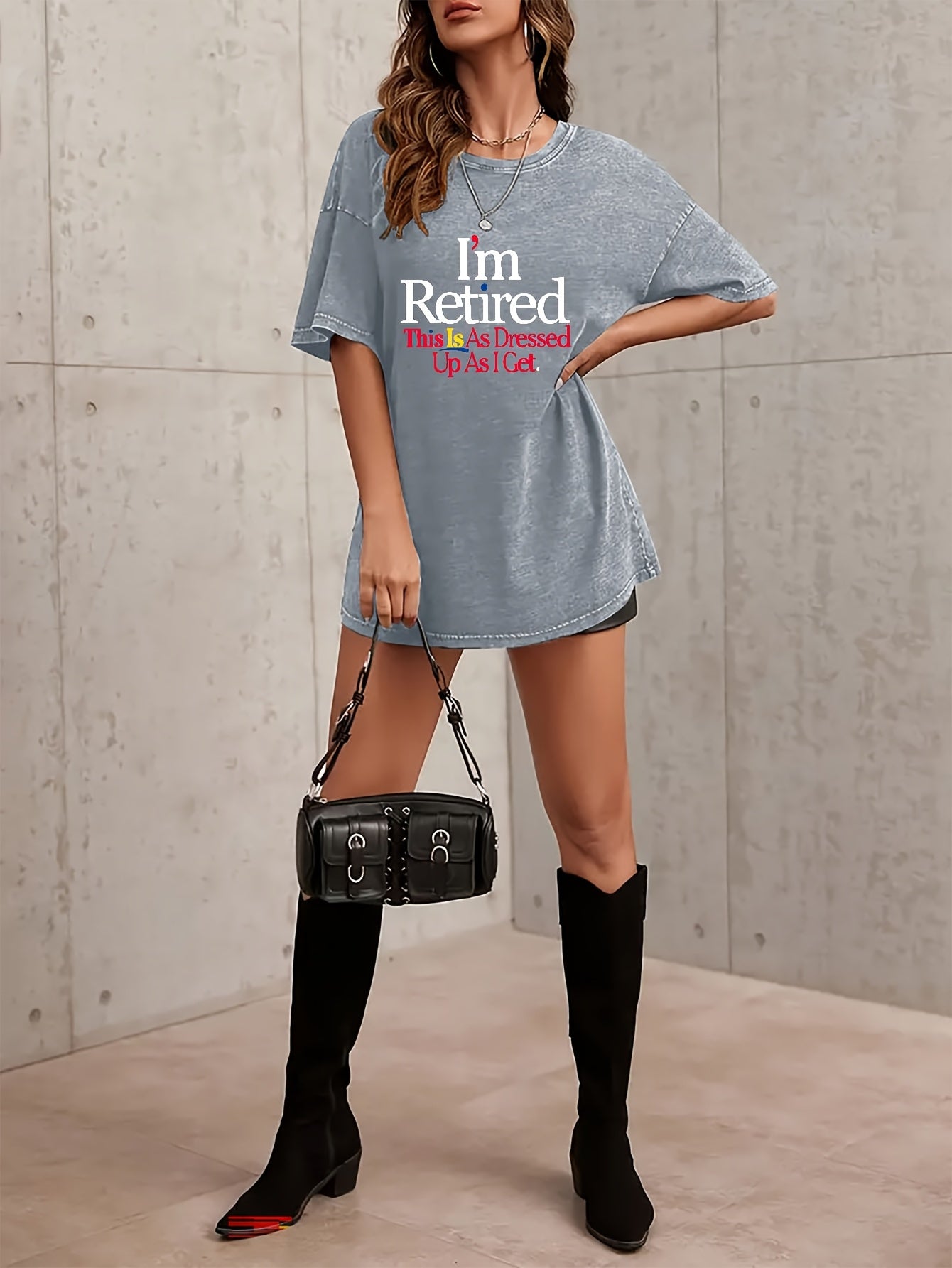 Plus Size, Pattern Printed Women's Retro Washed T-Shirt- 230g Thick, Round Neck Short Sleeve, Retro Street Style, Machine Washable, Spring Summer Casual Wear, Loose Fit T-Shirt