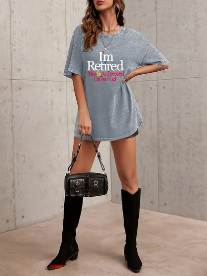 Plus Size, Pattern Printed Women's Retro Washed T-Shirt- 230g Thick, Round Neck Short Sleeve, Retro Street Style, Machine Washable, Spring Summer Casual Wear, Loose Fit T-Shirt