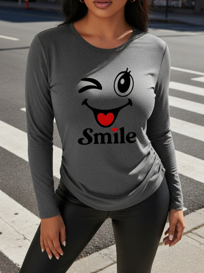 Milk Line 180g Premium Polyester Long Sleeve T-Shirt - Vibrant joyful Face & Blinking Eye Graphic Print, Asymmetrical Hem, Crew Neck Casual Elegant Pullover for Spring Summer Fall, Machine Washable