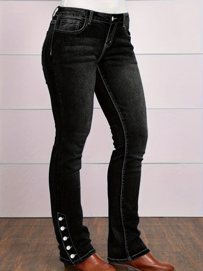 Women's Plus Size High-Waisted Stretch Denim Pants - Beltless Button-Fly Waist & Flared Hem, Elastic Solid Blue Trousers Suitable for Casual Travel,, Casual Attire, Machine Washable Mature Style All-Year (No Required)