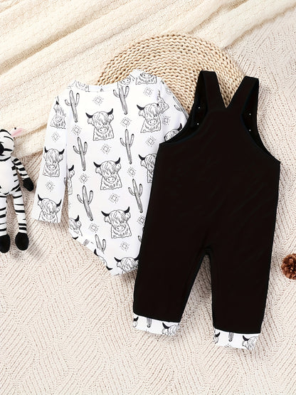 2pcs Of Baby Boy Autumn Style Cow Head Print Long Sleeved Shirt+overalls with Letter Print Set, Perfect for Outdoor