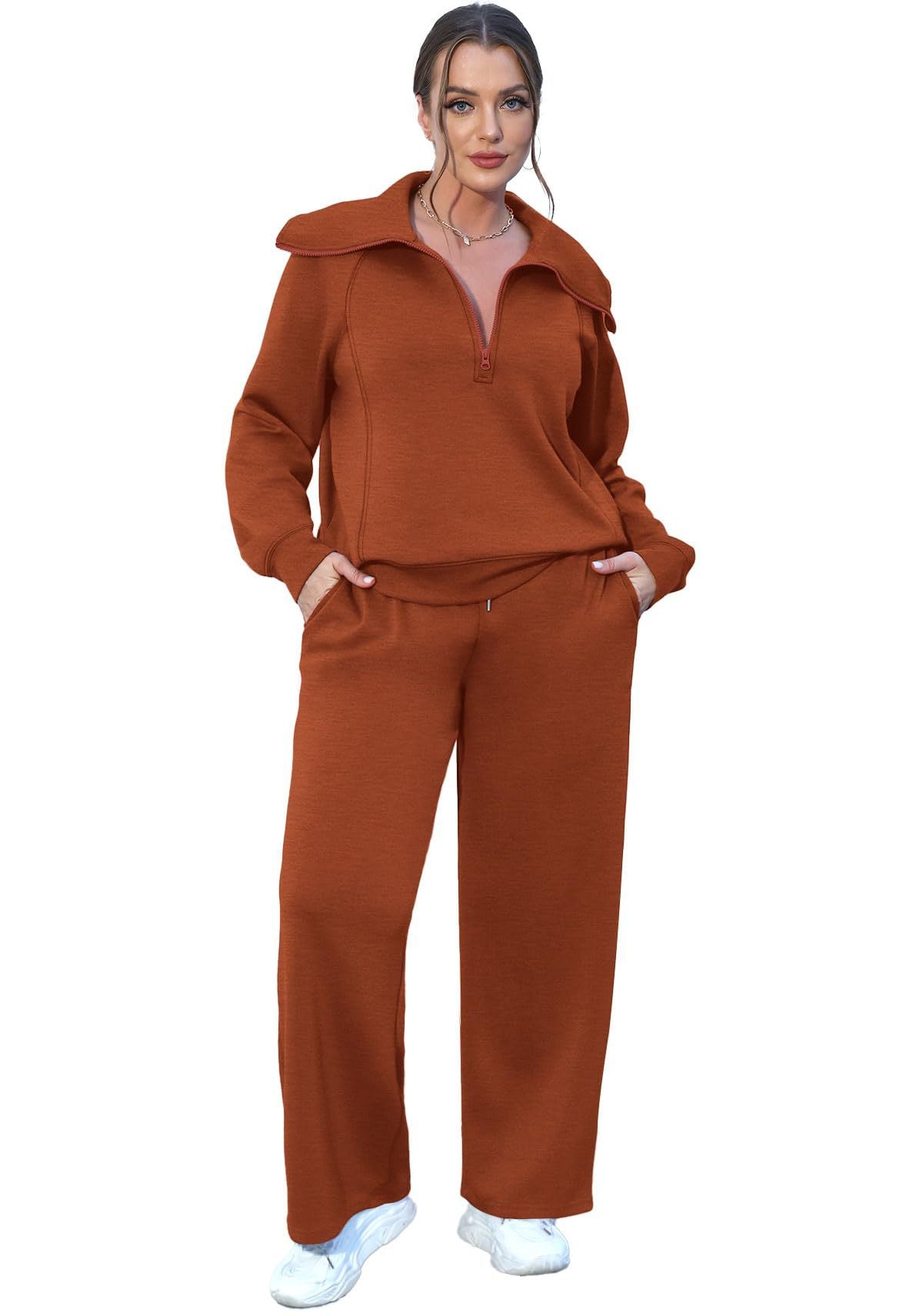 Spring/Autumn Casual Swear Set for Women, Zipper Long-Sleeve Sweatshirt and Wide-Leg Pants 2pcs Set
