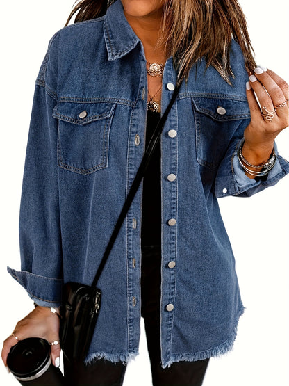 Casual Long-Sleeve Oversized Denim Jacket for Women, Distressed Jean Shirt for Fall Outfits in 2025