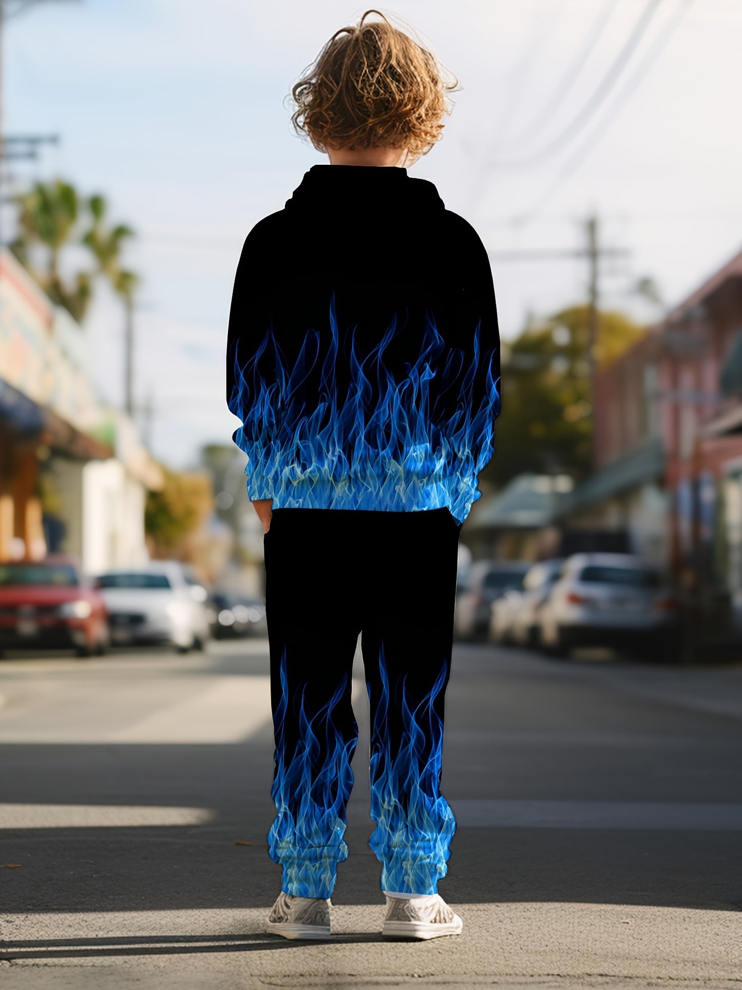 Stylish, Boys' Trendy Blue Flame 3D Printed Hoodie And Sweatpants - a Light, Casual Outfit Ideal for Autumn/Winter, Innerwear, Gift Package, Great for Outdoor Activities.