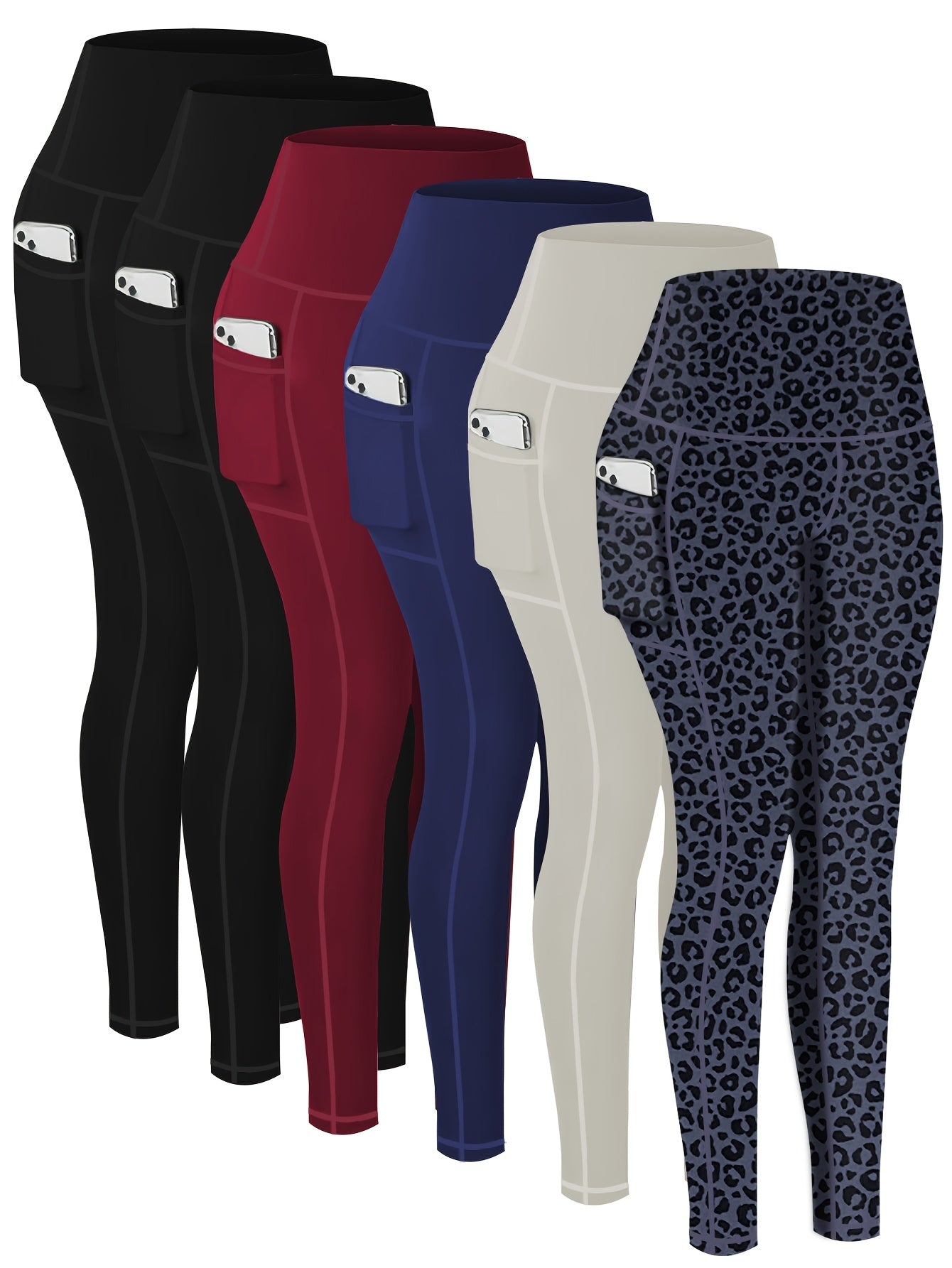 Plus Size 6pcs Set Women's Pockets Yoga Pants, Fitness Running Compression Leggings Butt Lift High Waisted Tummy Control Slimming Yoga Pants WithPockets, Workout Running