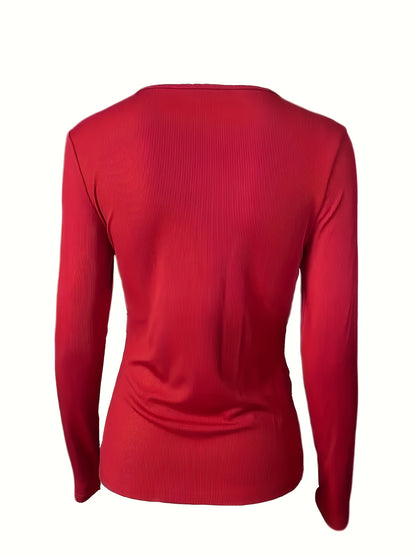 Fashionable Women's Long-sleeved T-shirt, Elegant And Casual, Slim-fitting V-neck, Metal Chain Decoration, Suitable for Spring, Autumn, And Winter