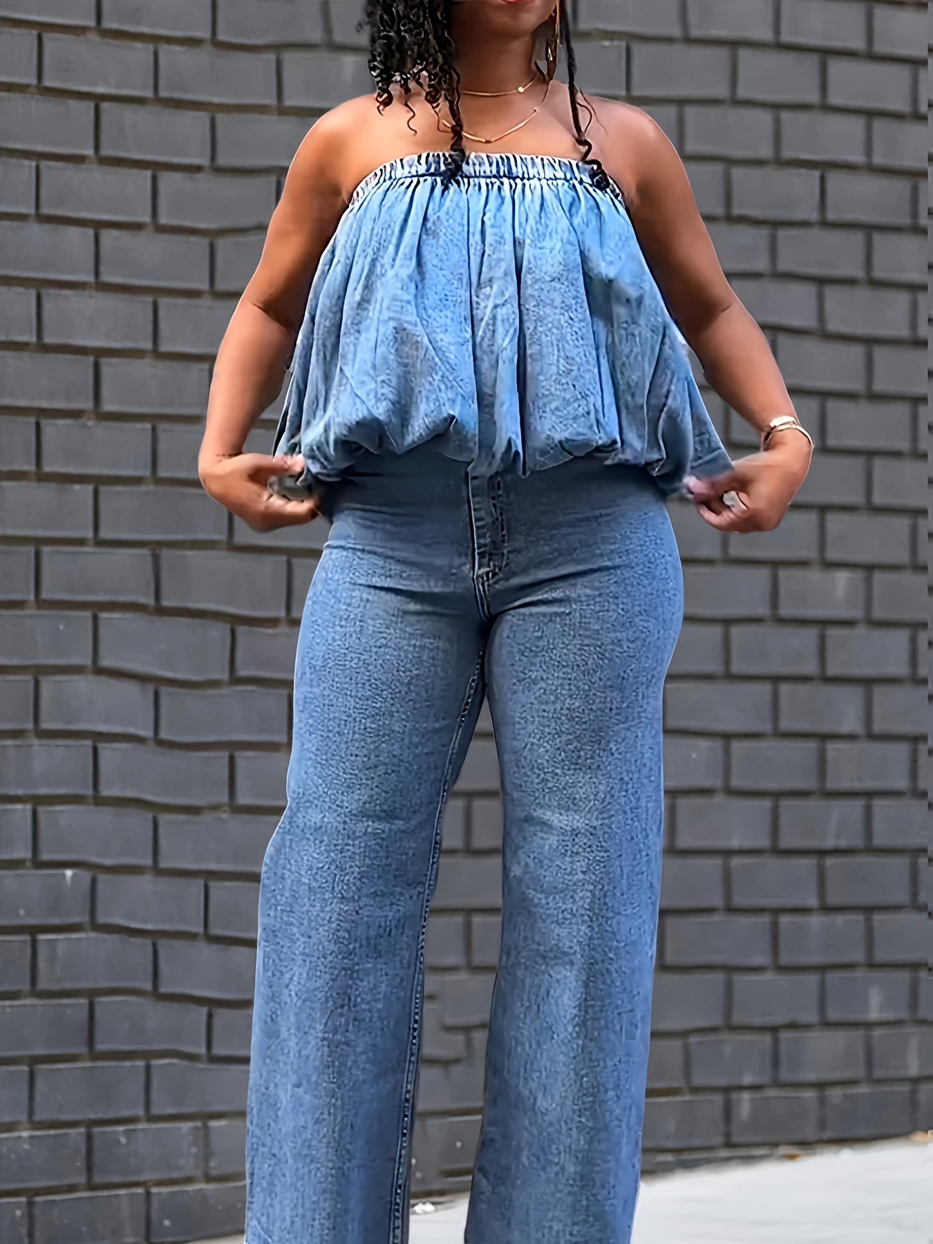 Women's Summer Denim Tube Top with Elastic Band & Balloon Hem - Ruffled Short Sleeveless Shirt, Breathable Non-Stretch Fabric, Hand Wash Only, Casual Chic Outfit Essential, Denim Top Ladies, Stylish Poolside Attire, Soft Texture Fabric