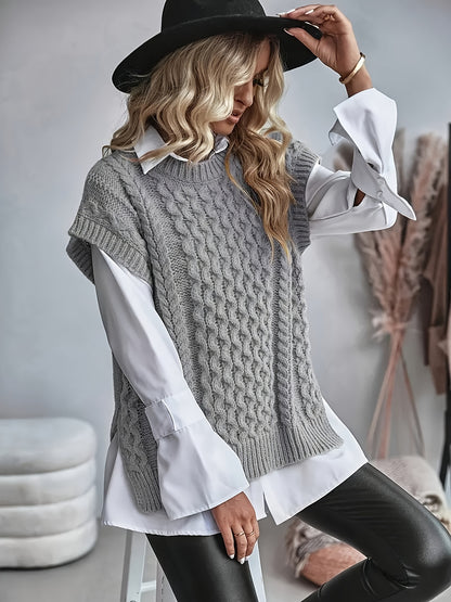 Women's Cable Sweater Vest - Sleeveless Round Neck Slit Hem Blouse, Solid Color Medium-Elastic Knitwear for Spring Summer Fall Layering, Casual & Semi-Formal Wear (Hand Washable)
