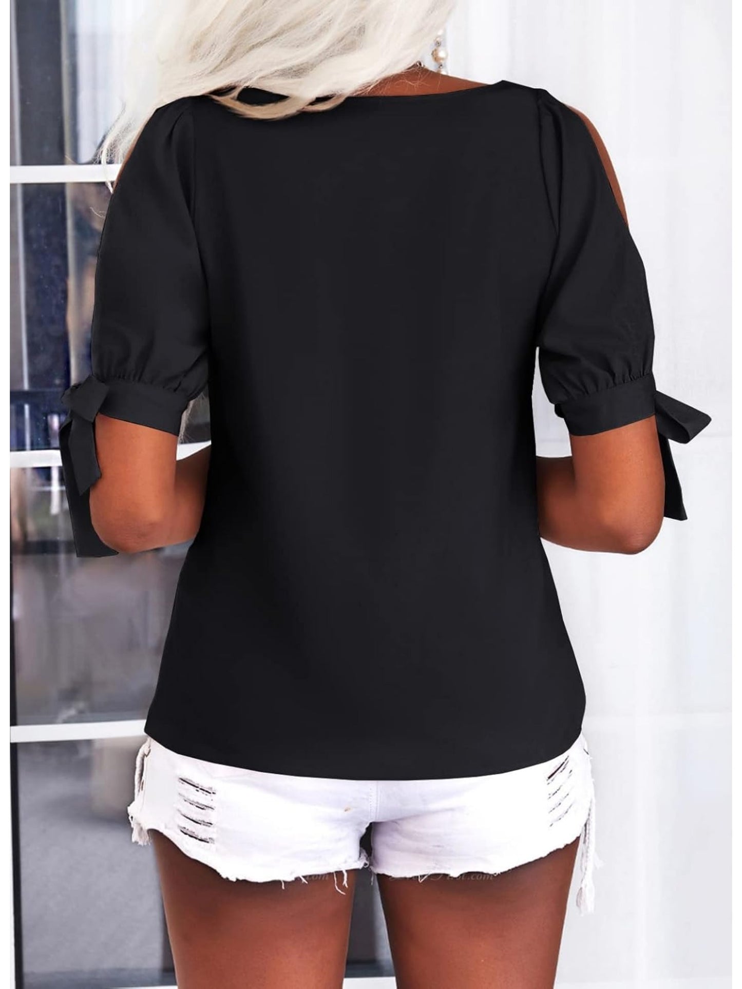 Women's Cold Shoulder Tops Short Sleeve V-Neck Casual Loose Cutout Summer Fashion Tshirts Blouse Shirts