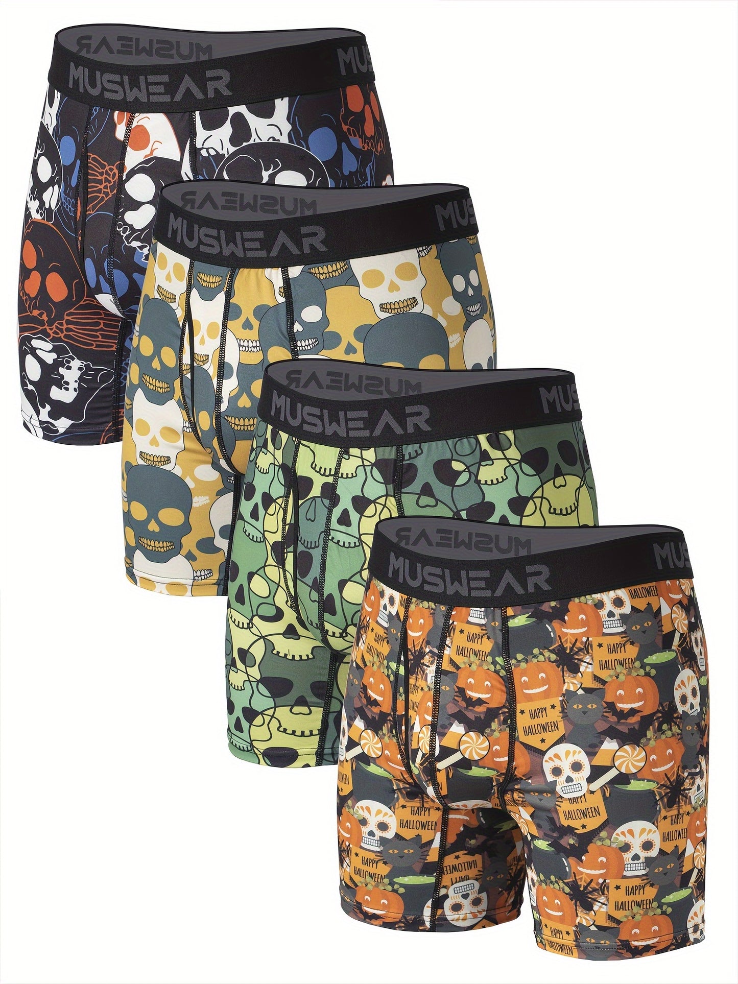 4pcs MUSWEAR Men's Boxer Briefs, Halloween Skull Print, Moisture-Wicking, Quick-Dry, Side-Opening, Long Length, Stretch Polyester with Spandex, Casual Sportswear Underwear