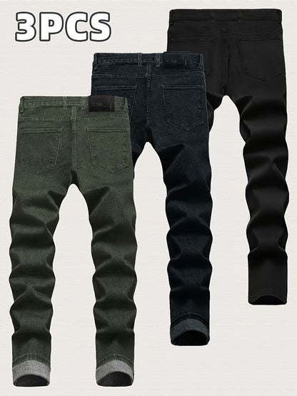 3 Pack Men'S Slim Fit Denim Jeans - Stretch Comfort, Trendy Streetwear Style, Fashion Casual Trousers